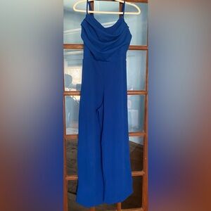 Blue Draped Neck Wide-Leg Jumpsuit